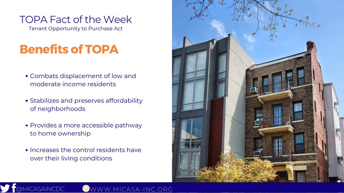 MiCasaIncDC's tweet photo. TOPA projects are a cost-effective way to preserve affordable housing. Under TOPA, tenants form a Limited Equity Cooperative (LEC) to purchase their building. Read more about the benefits of TOPA and LECs: https://t.co/XOTo3oSVek https://t.co/ZqAWOgdzNZ