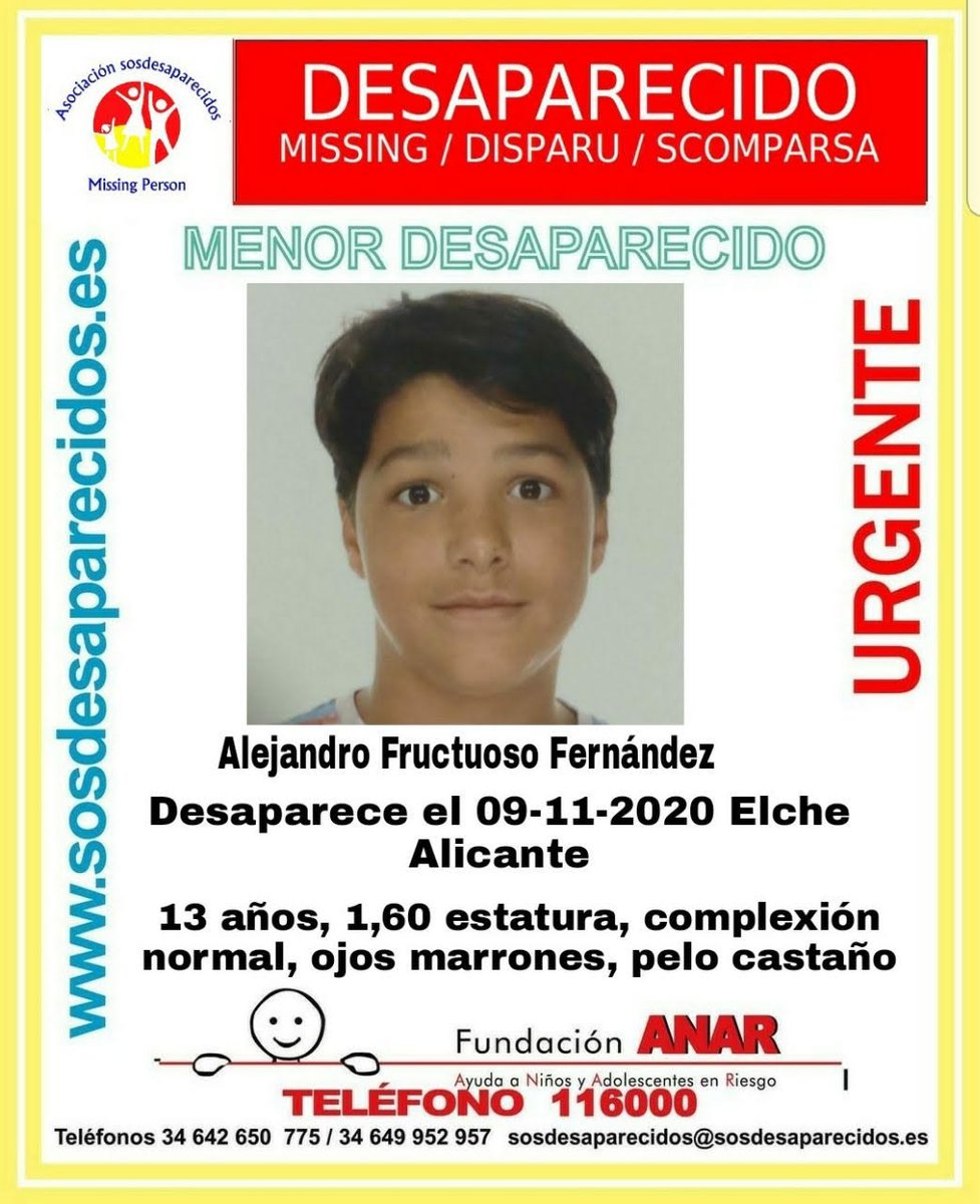 ⚠ URGENTE 🚩

Alejandro tiene 13 años y ha desaparecido en #Elche (#Alicante)

Si lo has visto, por favor, llámanos 📞091, 062, 112

Tu RT no cuesta nada y puede ayudar a encontrarlo 🙏