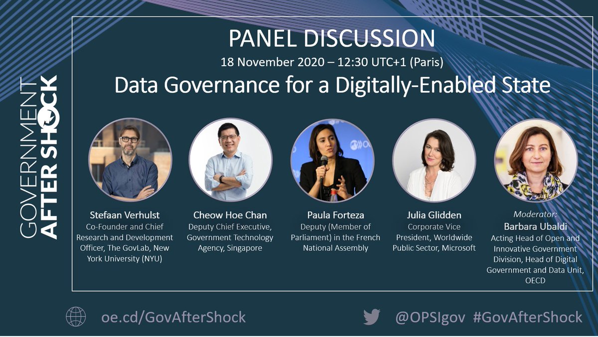 🚨Sign up to the #GovAfterShock Global Forum on Nov 18 to learn about what needs to be done to realise the potential of a full data-driven public sector

Ft: <a href="/sverhulst/">Stefaan G. Verhulst</a> Cheow Hoe Chan of <a href="/GovTechSG/">GovTech (Singapore)</a>, <a href="/PaulaForteza/">Paula Forteza</a> <a href="/JuliaGlidden/">JuliaGlidden</a> and <a href="/BarbaraUbaldi/">Barbara Ubaldi</a>

Register: gov-after-shock.oecd-opsi.org/register/