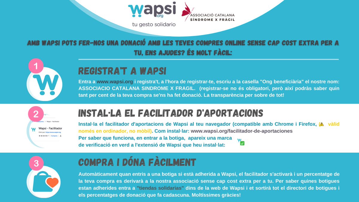 Imagineu que de les compres que fem online habitualment se’n derivés una donació sense que ens suposi cap cost extra?😳 Doncs és possible gràcies a <a href="/Wapsi_org/">Wapsi 💙</a> !! 🥳 La plataforma de compres solidàries. Us convidem a activar Wapsi i col·laborar amb la nostra Associació❤️Gràcies!