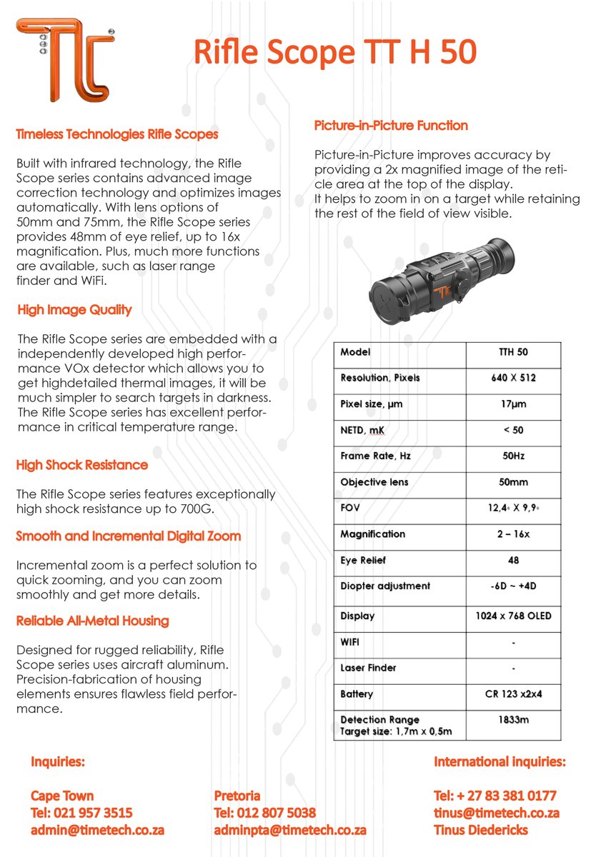 timetechsa's tweet image. **TTH50**
Introducing the TT H 50mm Thermal Rifle Scope for all your Rifle needs.
#timetech#TTH50#Rhinoseries#riflescope