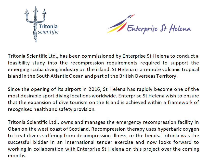 TritoniaDiving's tweet photo. @TritoniaDiving to undertake a feasibility study for a recompression chamber on #StHelena

#recompression #diving #hyperbarics https://t.co/qb2uBNXRkA