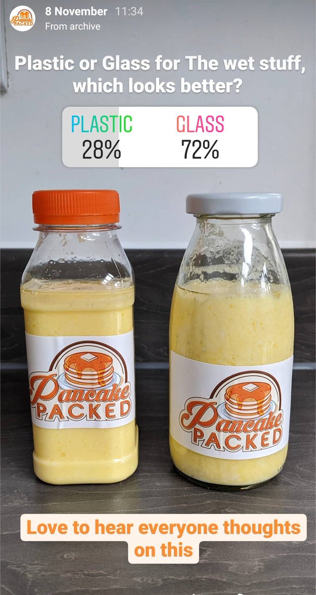 PancakePacked's tweet photo. We ran a poll on IG to determine which one looks better aesthetically.  #Plastic #Glass both recyclable materials. https://t.co/SHfRXcnwyy