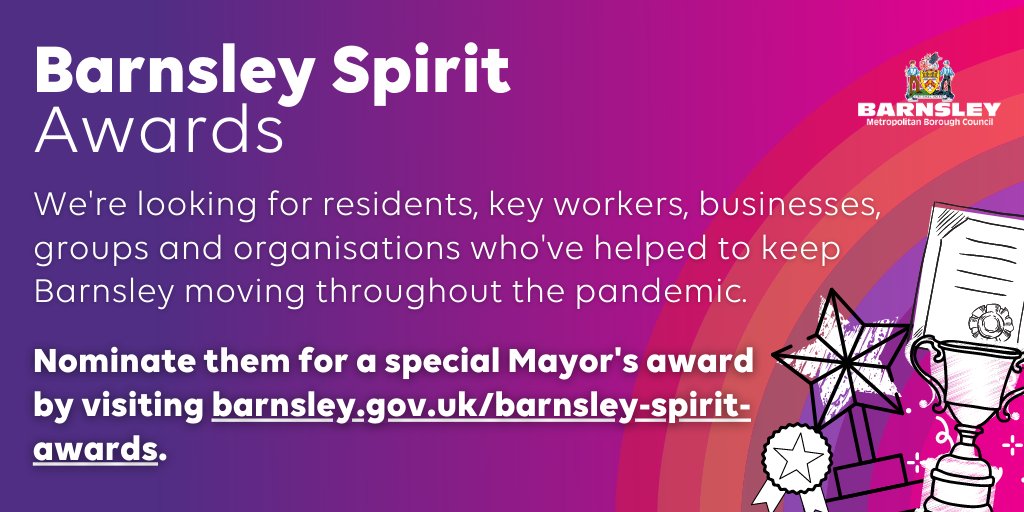 With the #BarnsleySpiritAwards, we’re celebrating those who helped to keep Barnsley moving throughout the pandemic. 

Visit barnsley.gov.uk/barnsley-spiri… to submit a nomination or find out more.