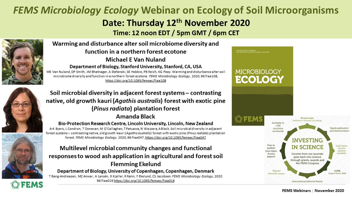 There is still time to register for our next #FEMSWebinar on #Ecology of #Soil #Microorganisms!

📅 When? Thursday 12th November (6pm CET)

See the featured speakers bellow 👇

Register via this link:
register.gotowebinar.com/register/17051…