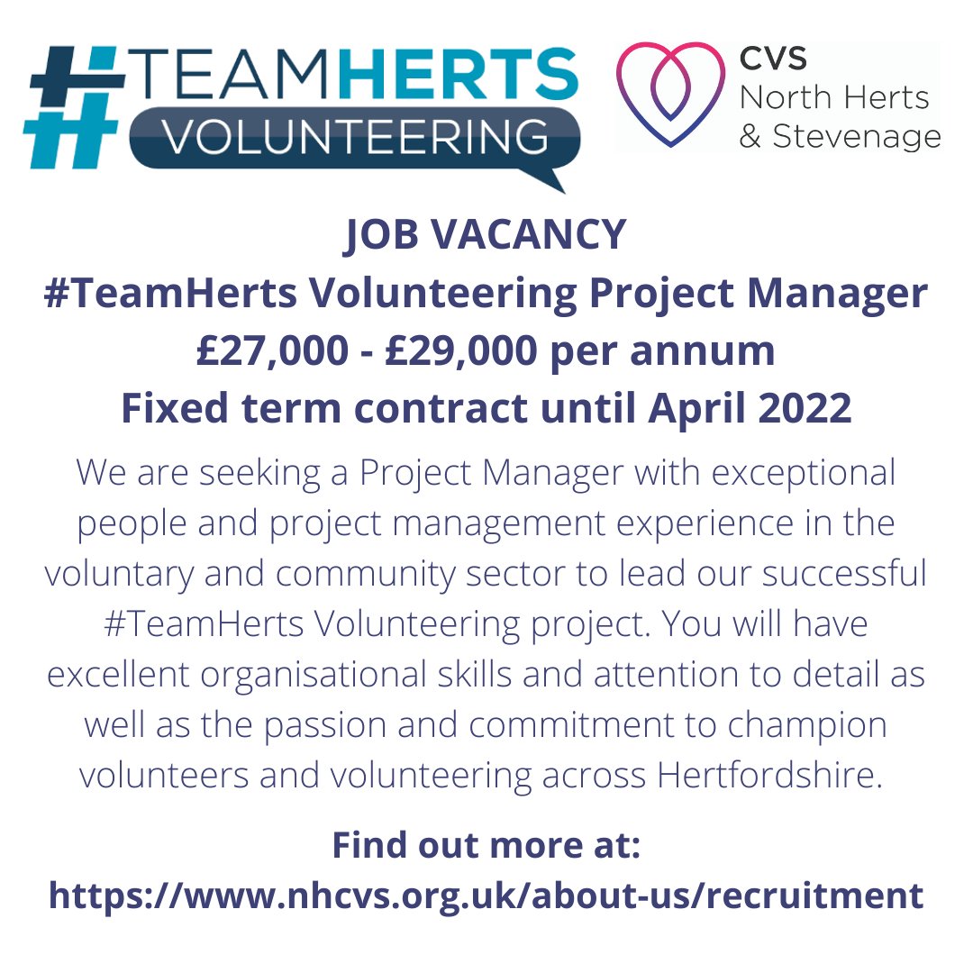 NorthHertsCVS's tweet photo. We are seeking to recruit an experienced Project Manager to lead our @THVolunteering Project.  This is an exciting time to join our team as we plan and develop this amazing project for 2021 and beyond. #jobopportunity #NewJob #hertfordshire #vacancy #voluntarysector #charityjobs https://t.co/10L8fo9R8d