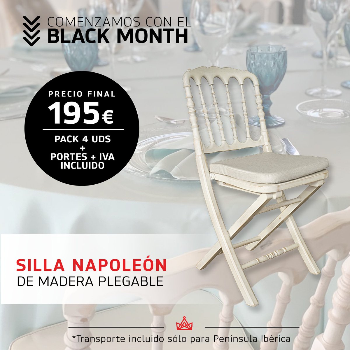 TiendasVms's tweet photo. Si eres fan del estilo romántico, ¡es tu momento! 
⚫ En el Black Month tenemos el pack de 4 con una súper oferta, ¡no te la puedes perder! ⚫
#VMS #TiendasVMS #Sillasdeensueño #napoleon #sillaseventos #sillasblancas #Estilo #Comodidad #diseño #Decoracion #estiloromantico https://t.co/CIXtdvzoOE