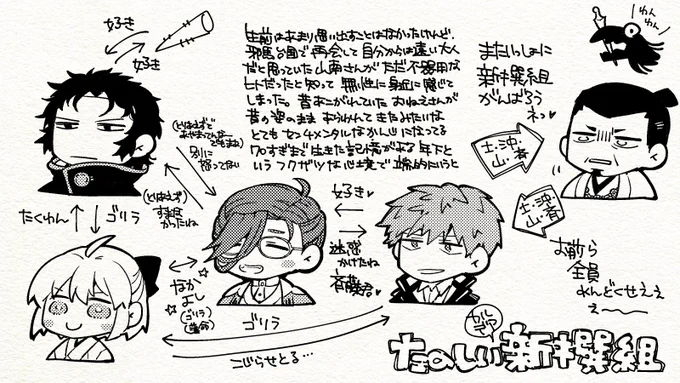 そういえば、どんな気分で山南先生と芹沢さんがいるカルデアの新撰組かいてるのって言われたから図解したやつ。斎山ではある。 