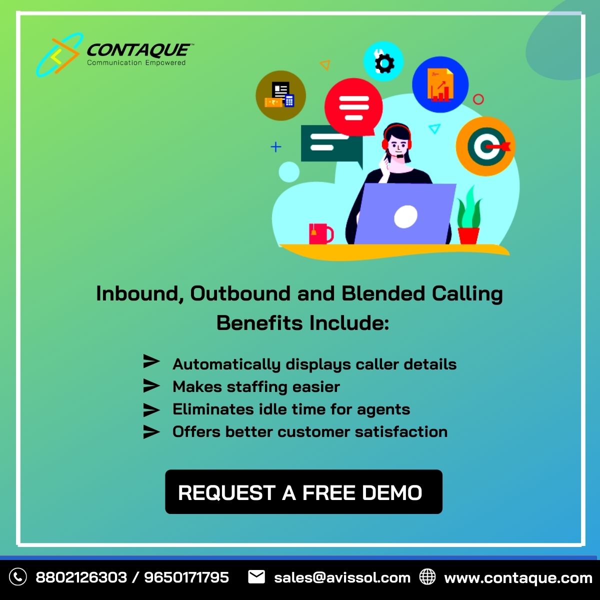 contaque1's tweet photo. Inbound, outbound and blended calling for business with the #Contaque cloud helps to improve agent productivity and occupancy rates. Free demo-https://t.co/3G9cogFkOs

#CloudContactCenterSolutions #CallCenterSoftware #cloudcallcentersolution #inboundcalling #outboundcalling https://t.co/a0d0ISQB0l