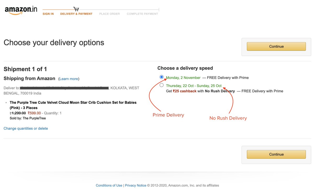 SakshamKarwal's tweet image. Amazon India regularly offers cashback for choosing &quot;No Rush&quot; delivery over Prime delivery. Except this time the &quot;No Rush&quot; date is 10 days earlier than Prime delivery 😂

#2020 #shithappens #amazonbug