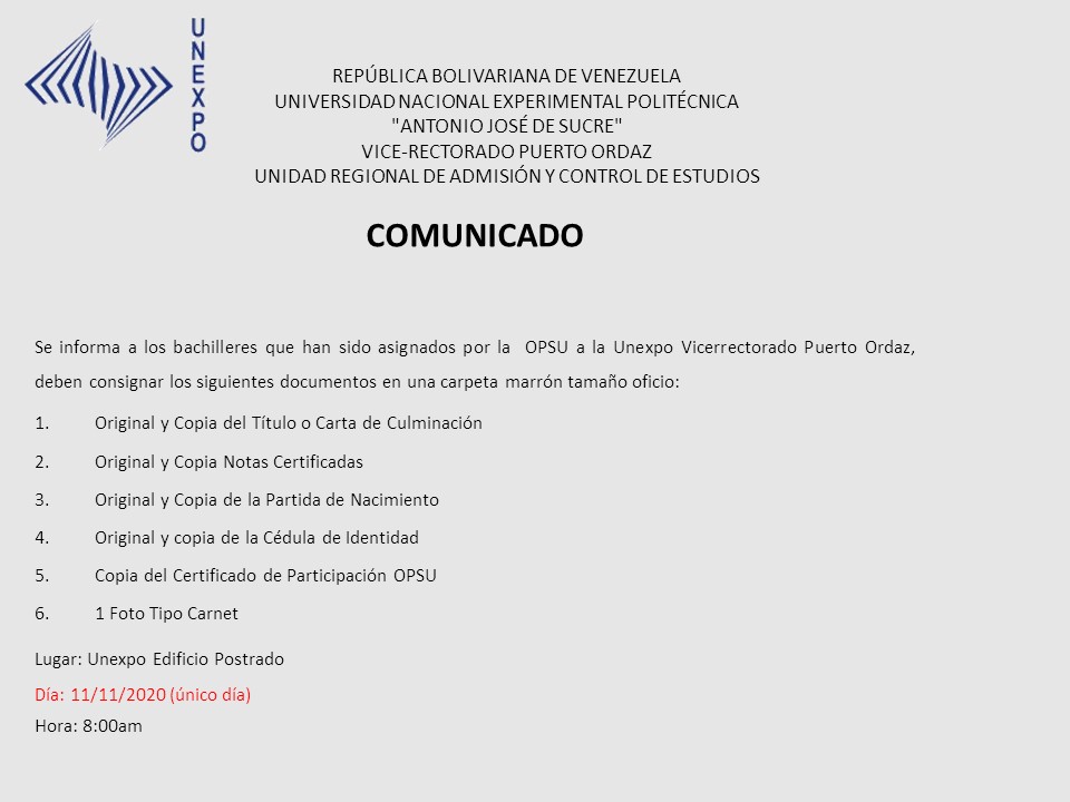unexpo_poz's tweet photo. Información para los bachilleres ASIGNADOS por la OPSU. https://t.co/gUCNxPeCsn
