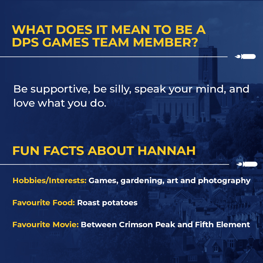 DPSGamesStudio's tweet photo. Meet DPS Gamer Hannah 🎮  - our awesome and totally talented Art Production Assistant at DPS Games! ✨  Check out her bio here #PlayIsEverything #MeetTheTeam https://t.co/aYteFa1Qcz