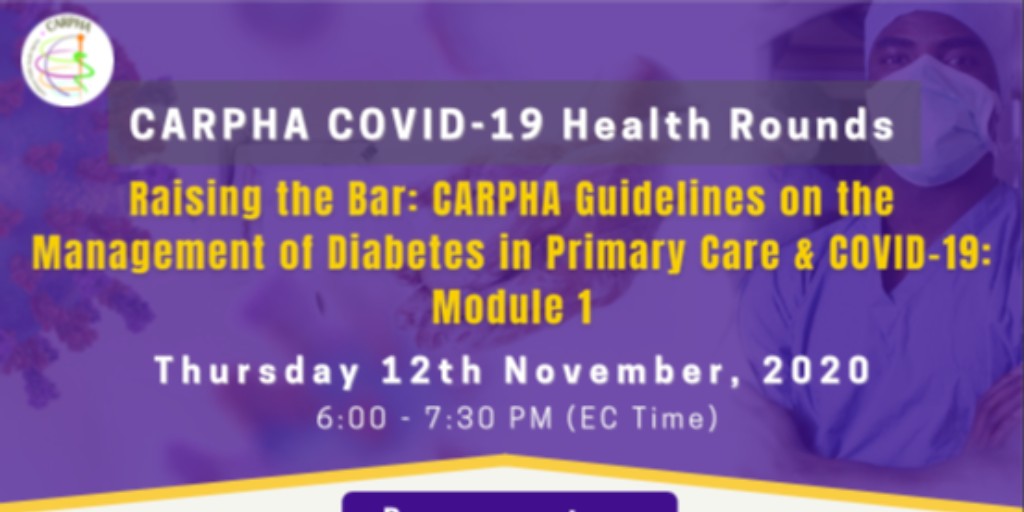 CARPHA1's tweet photo. Register for Module 1 in this series of webinars on CARPHA Guidelines for the Management of Diabetes in the Primary Care of COVID-19. Visit https://t.co/HqJB3eRqoY to register. #covid19 #diabetes #publichealth #healthycaribbean https://t.co/NGSoUbVxG4