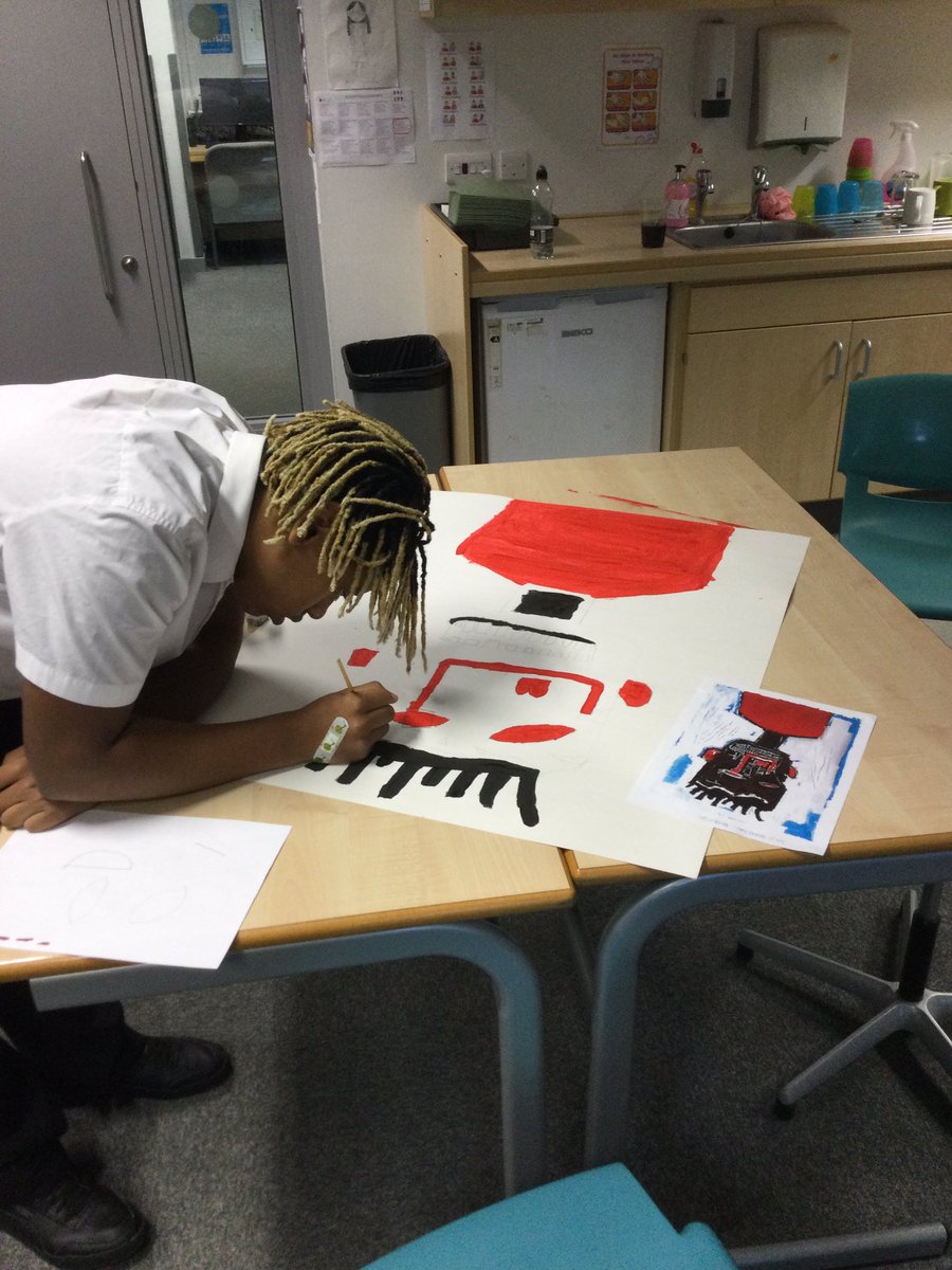 MellandHigh's tweet photo. 3Es are studying the work of Jean Michel Basquiat and other 1980’s artists as part of the Humanities curriculum. Looking good #MHS2020 #BFETpassion https://t.co/3Y4WXETbjb