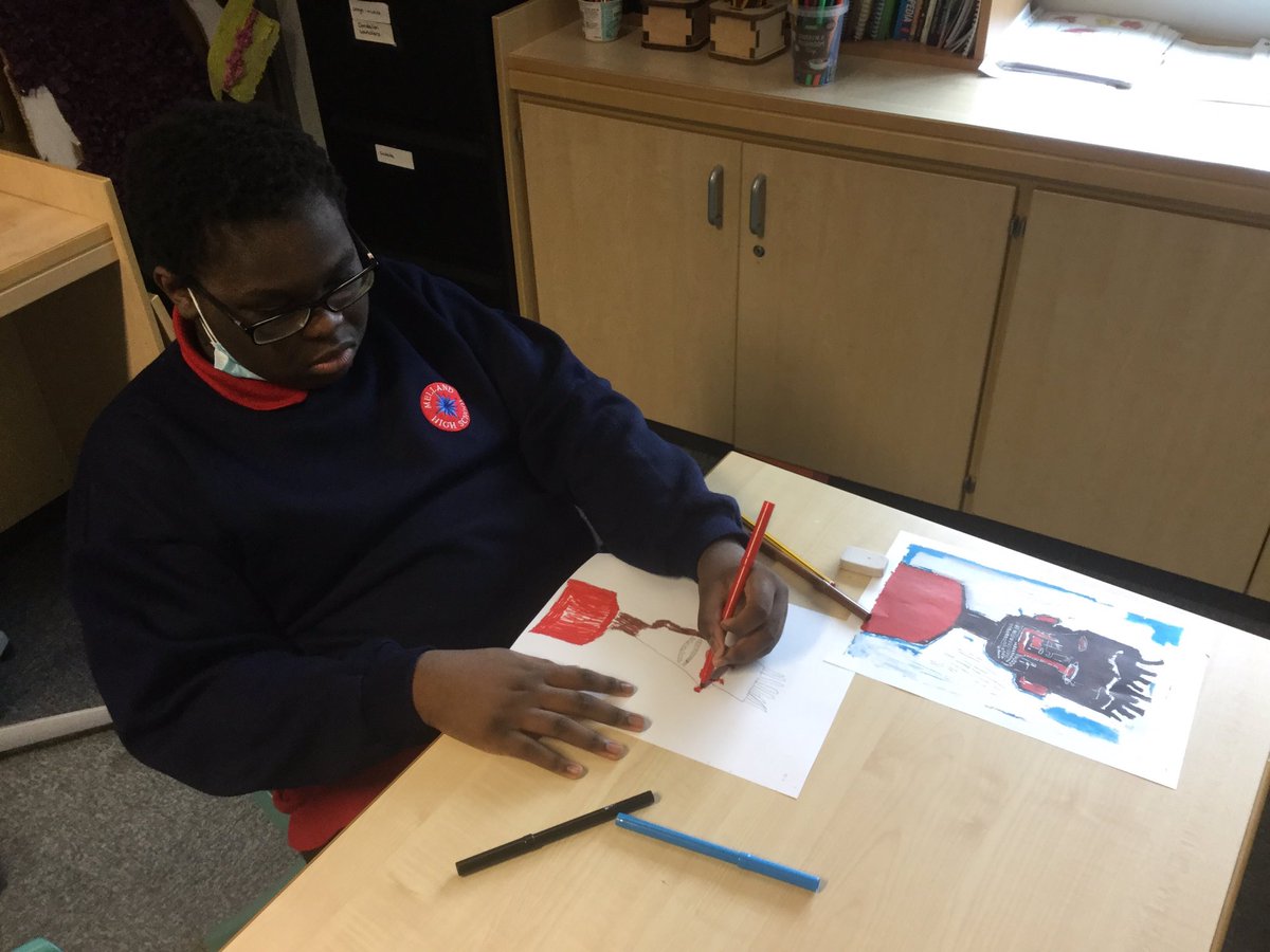 MellandHigh's tweet photo. 3Es are studying the work of Jean Michel Basquiat and other 1980’s artists as part of the Humanities curriculum. Looking good #MHS2020 #BFETpassion https://t.co/3Y4WXETbjb