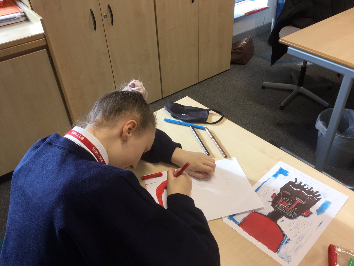 MellandHigh's tweet photo. 3Es are studying the work of Jean Michel Basquiat and other 1980’s artists as part of the Humanities curriculum. Looking good #MHS2020 #BFETpassion https://t.co/3Y4WXETbjb