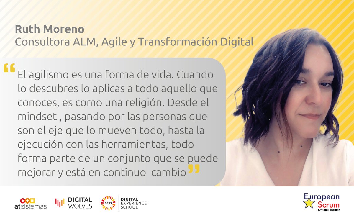 En esta nueva ocasión, le damos la enhorabuena a Ruth Moreno por su reciente certificación como #European Trainer de la <a href="/europeanscrum/">European Scrum</a>, partner estratégico de <a href="/DEXS_School/">Digital Experience School</a>, nuestra escuela de formación online nacida de nuestra experiencia digital y tecnológica.