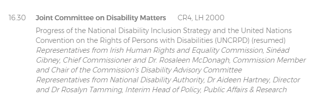 Interested in #DisabilityRights and the implementation of the #CRPD in Ireland?

Tomorrow (Weds) at 4.30pm <a href="/sineadgibney/">Sinéad Gibney</a> and <a href="/paveebeoir/">Dr. Rosaleen McDonagh</a> will be addressing the <a href="/OireachtasNews/">Houses of the Oireachtas - Tithe an Oireachtais</a> #DisabilityMatters Committee on behalf of <a href="/_IHREC/">Irish Human Rights & Equality Commission</a> 

oireachtas.ie/en/oireachtas-…