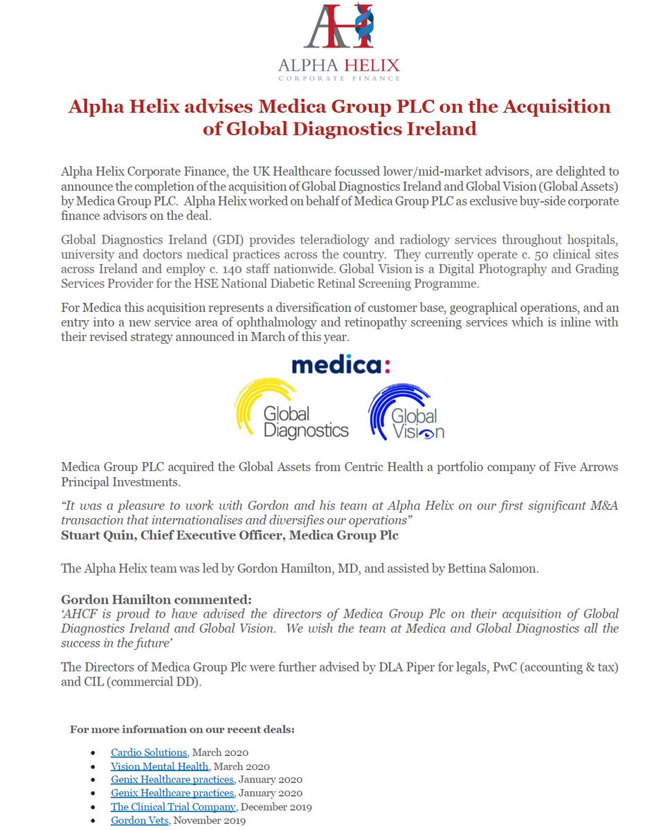 HelixFinance's tweet photo. Alpha Helix CF are pleased to announce that Medica Group PLC has acquired Global Diagnostics Ireland &amp; Global Vision.  AHCF provided buy-side support for Medica on the deal  #MnA #acquisition #diagnostics #radiology #teleradiology https://t.co/0a4Q1gMoRI