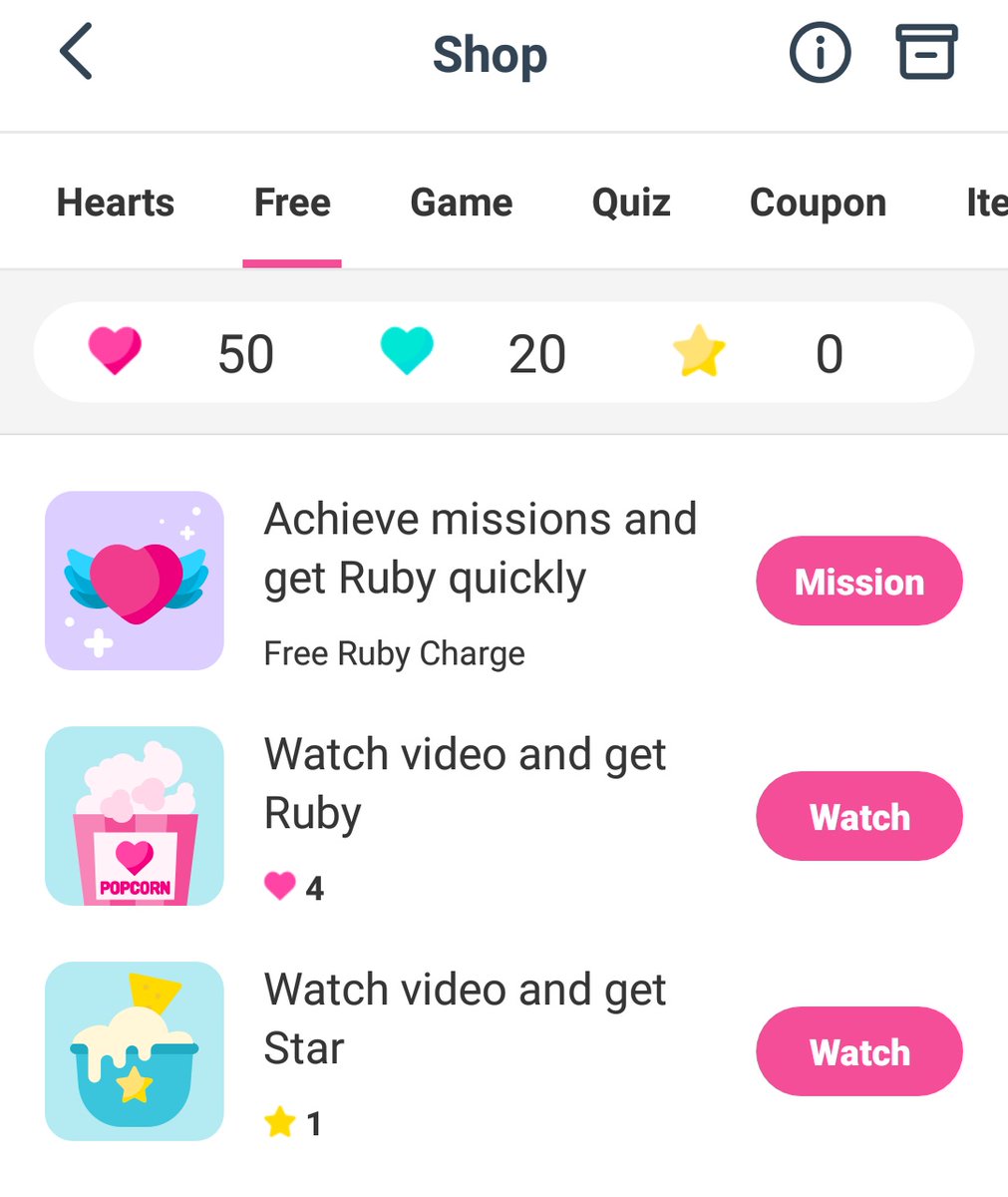 How to earn ruby chamsims (hearts)Watch ads (4)Write post once per day on community (20)Complete missionsReward for level up