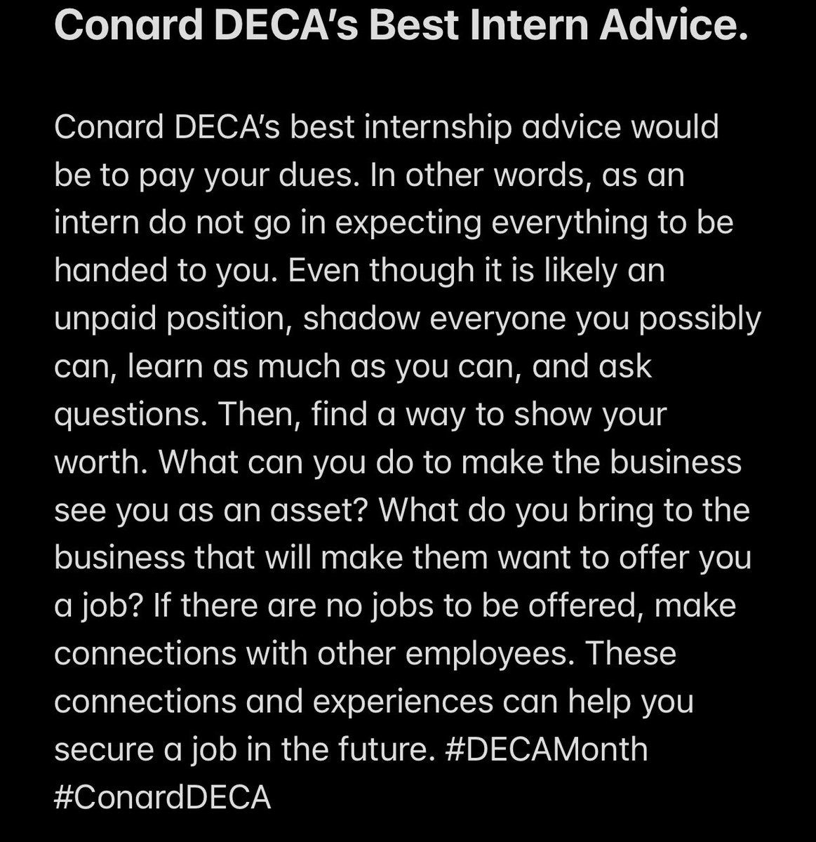 ConardDeca's tweet photo. Conard DECA’s Internship Advice! #DECAMonth #ConardDECA @DECAInc @ConardCHS @ConnecticutDECA https://t.co/h5yeFWCRwh