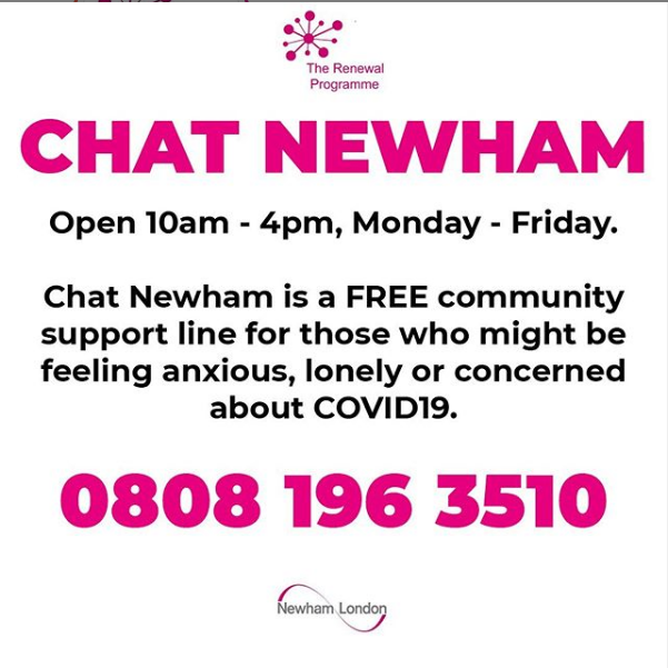 therenewalprog's tweet photo. We’ve relaunched our Chat Newham community support line, supported by @NewhamLondon. Open Mon-Fri, 10am-4pm, this is a FREE service for anyone who might be lonely, bored, anxious, grieving, finding it difficult to access resources or just wanting to talk.
#chatnewham #newham https://t.co/R6KNrmGr8G