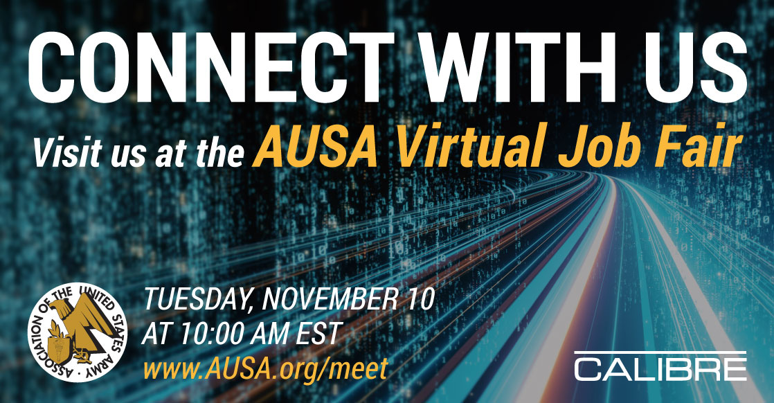 CALIBRE_Systems's tweet photo. Connect with CALIBRE at the AUSA virtual conference happening today! Registration is FREE. Learn more at https://t.co/gswtpBauyt #AUSA2020 #ARMY #CALIBREsys #Veteransday #Veterans #Veteran #CALIBREVeteransWeek2020 https://t.co/d7nSzCHFRs