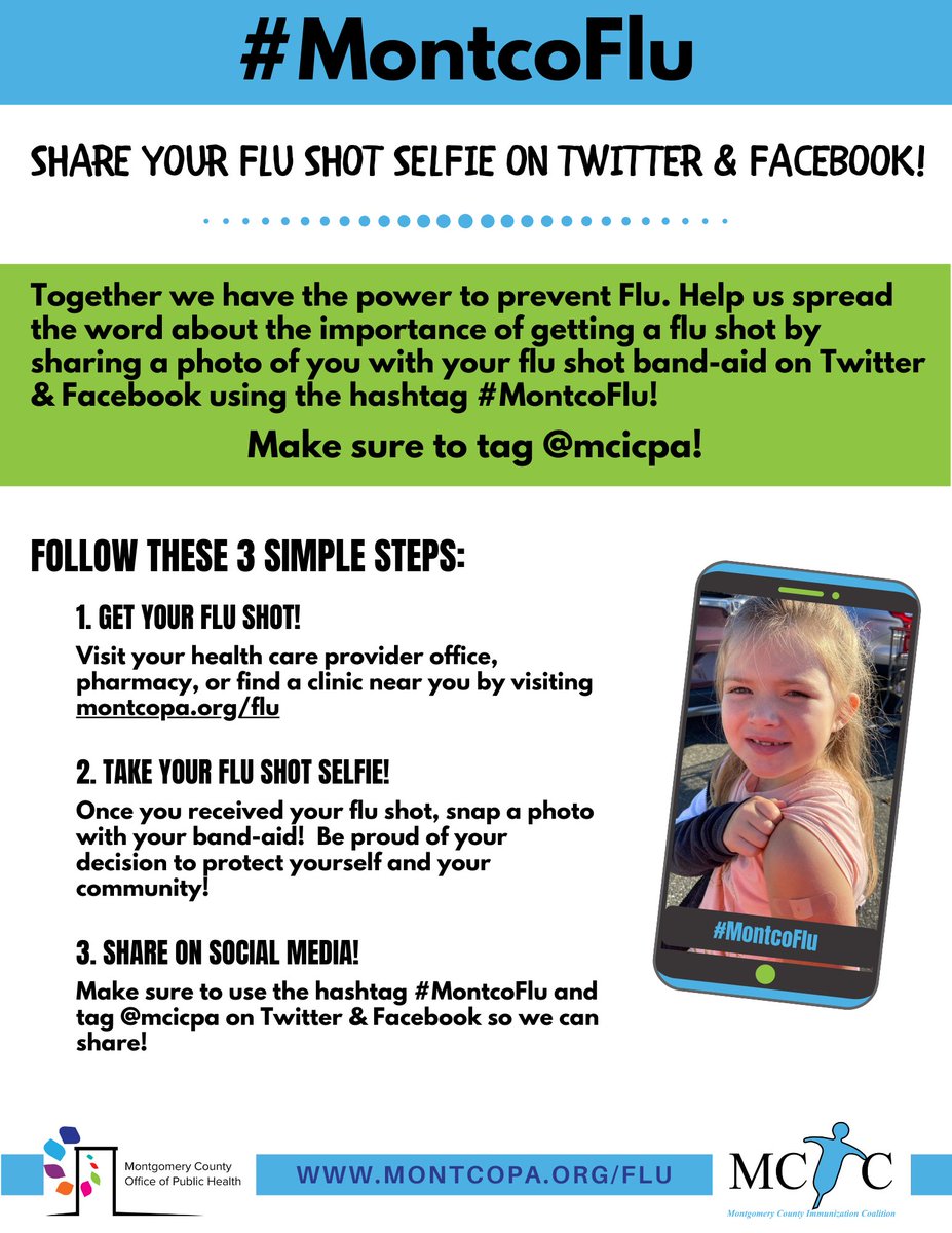 MontcoHealthPA's tweet photo. Hey #MontcoPA! Show us your #FluSelfie and help spread the word about the importance of getting your #FluShot!

👉 Get Your #FluShot
👉 Take Your Flu Shot Selfie
👉 Share on Twitter &amp; Facebook using #MontcoFlu and tag @mcicpa https://t.co/w6Ah7hop53