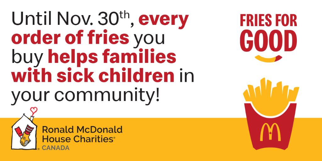 There are new ways to help families with sick children in your community <a href="/McDonaldsCanada/">McDonald's 🇨🇦</a>! Until Nov. 30 a portion of proceeds for every fry purchased will support RMHC. And you can Round Up your order to the nearest dollar for RMHC, all year. #FriesForGood #KeepingFamiliesClose