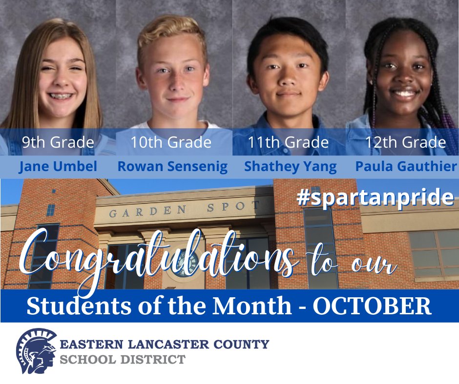 ElancoElem's tweet photo. Congratulations to the Students of the Month of October for the character trait of Integrity!  
Paula Gauthier- 12th, Shathey Yang- 11th, Rowan Sensenig- 10th, and Jane Umbel- 9th! #spartanpride https://t.co/lRs1yIbwEv