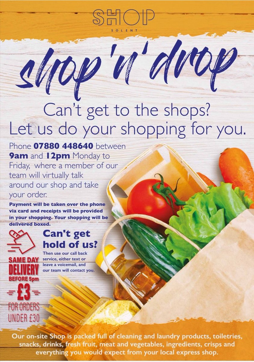 SolentUni's tweet image. Unable to get to the shops at the moment? Don't panic! The Sodexo and @EatSolent teams are ready to help with their 'Shop'n'Drop' service. 9am-12pm (Mon to Fri) with same day delivery on orders made before 5pm.
#StudentSupport #WeAreSolent