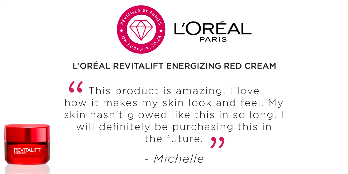 rubybox_beauty's tweet photo. Who doesn’t love glowy gorgeous youthful skin? With L’Oreal Paris Revitalift Red Cream it’s that much easier to obtain it. 💋
Have a look for yourself: https://t.co/B4CMNtH9J6
#rubybox #rubyboxrevitared #instantglow #revitaliftredcream #lorealparisza #myglowup https://t.co/NiFRFmrHV5