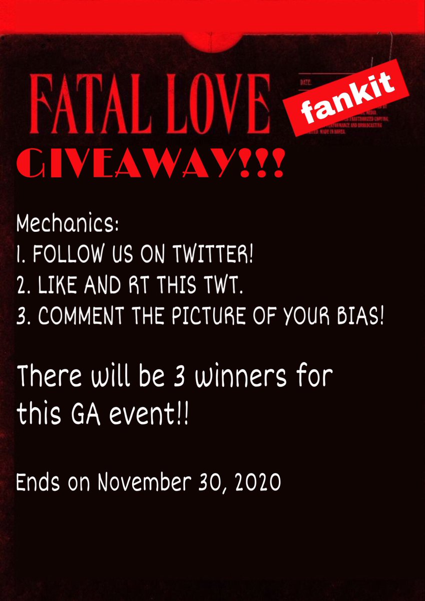 SabuBNSph's tweet photo. MONSTA X FATAL LOVE FANKIT GIVEAWAYYY!!! Follow the mechanics below and get a chance to win Fatal Love fankit!
2 Winners will be choses
#giveaway #monbebe #MonstaXPH https://t.co/TQcmZ47Oke