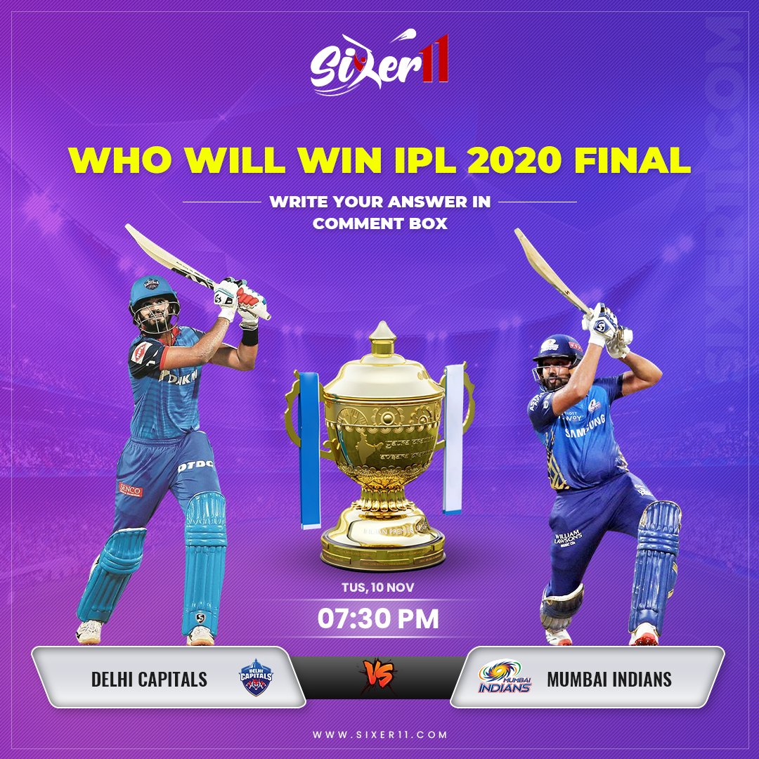 Sixer11play's tweet photo. 📣 Who is Going To WIN Today? Predict &amp; Win Cash Prize
✅✅ Comment Your Answer Below!!
🥳🥳 Play &amp; Win Cash Prize - https://t.co/PaAoFqqpRx

🏏🏏 Mumbai vs Delhi, Final 7:30PM, Nov 10, Tuesday

#IPLfinal  #IPL2020 #IPLT20 #IPL2020Live #FantasyCricket #cricketlovers #MIvDC https://t.co/p0nWQ21Jx3