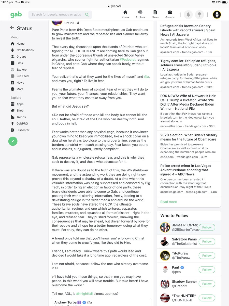 Guardianangelos's tweet image. Twitter is censoring more brazenly and more harshly than ever before. Times like these fellow freedom lovers, we need to see the evil facing us here and yet hold forth.

Being on #Gab, we are blessed with real CEO #AndrewTorba 

Gab people like a #Neonrevolt below sustain us.
