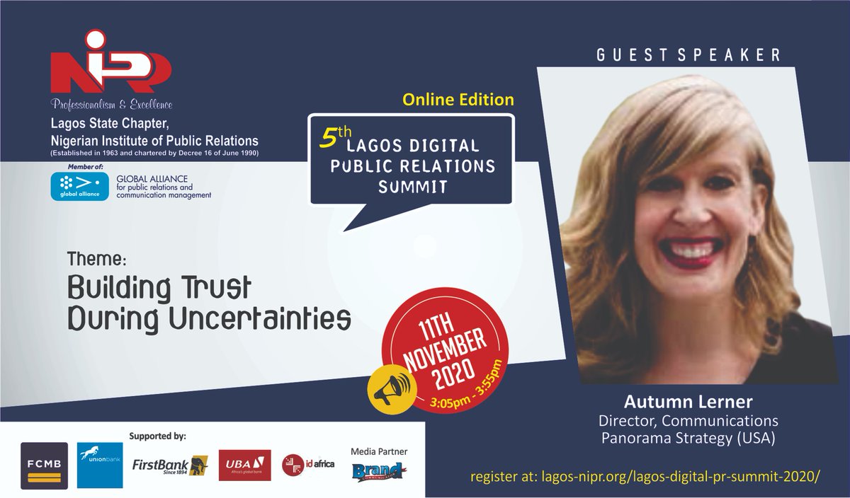 LagosNIPR1's tweet photo. @autumnlerner is a Member of Faculty at the 5th #LagosDigitalPRSummit, speaking on the topic: Building Trust During Uncertainties, live from Seattle, USA on Wednesday 11, November 2020 from 3:05pm.
Register to access the Summit NOW: https://t.co/QW2HuCpibf. https://t.co/e7o1Uo4jQt