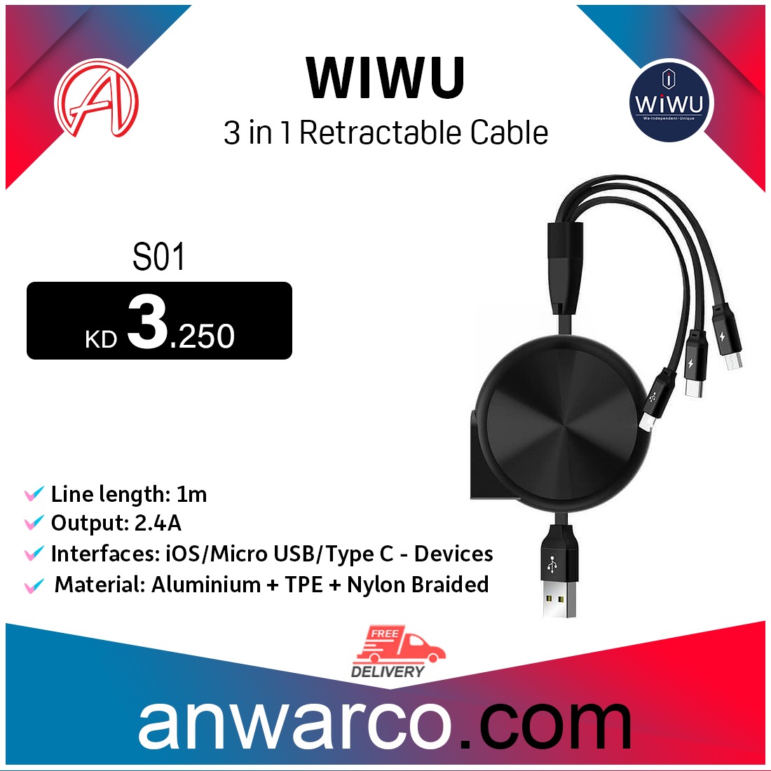 anwarcokw's tweet image. WIWU
3 in 1 Retractable Cable
KD 3.250

كابل قابل للسحب ٣ في ١ من وي وو 
طول الخط: 1 متر 
الإخراج: ٢.٤ إيه
المواد : ألومنيوم + TPE + النايلون المضفر
للطلب بسعر ٣.٢٥٠ د.ك

Shop Now: anwarco.com/product/wiwu-3…
WhatsApp (only) : 94941490

#anwarcokw #3in1cable #retractablecable