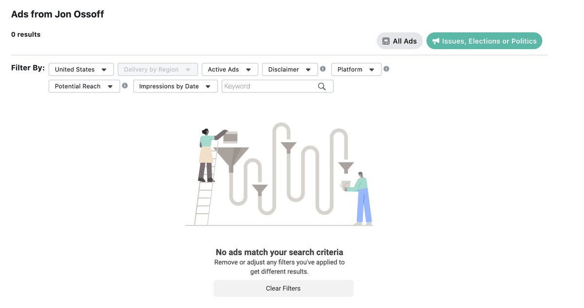   @Facebook has still not lifted their ban on political + advocacy advertising, which means that neither  @ossoff or  @ReverendWarnock can do any online fundraising, volunteer recruitment or outreach to GA voters about their run-off elections on the most powerful online platform
