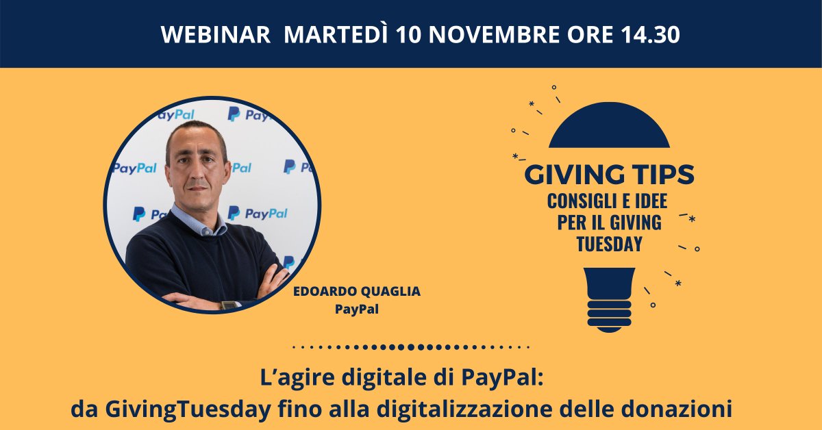 GivingTuesdayIT's tweet image. Ci vediamo tra pochissimo per il #GivingTips di oggi! Alle 14.30 ospite Edoardo Quaglia di @PayPal_Italia . 
Iscriviti qui 👉ow.ly/TY5e50CgtVA

#PayPal #GivingTuesday