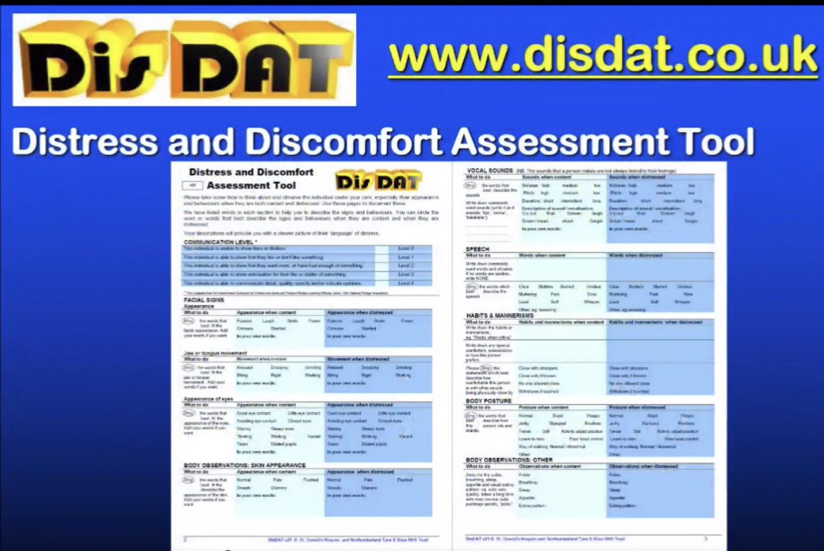 PCPLDnetwork's tweet image. Often, pain scale tools are used for individuals displaying distress...but what if that isn’t pain? 

What alternative tools could health care professionals use to document distress, compare with content behaviour and see if there is a pattern to the distress?
#DisDAT #PCPLD2020