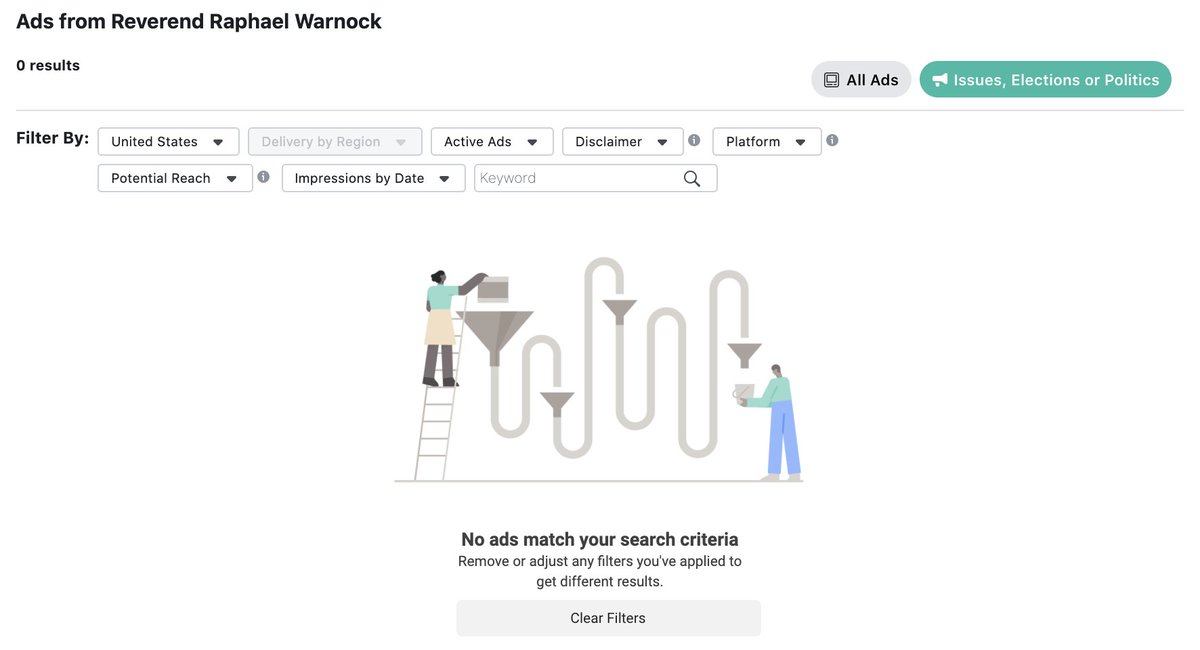   @Facebook has still not lifted their ban on political + advocacy advertising, which means that neither  @ossoff or  @ReverendWarnock can do any online fundraising, volunteer recruitment or outreach to GA voters about their run-off elections on the most powerful online platform