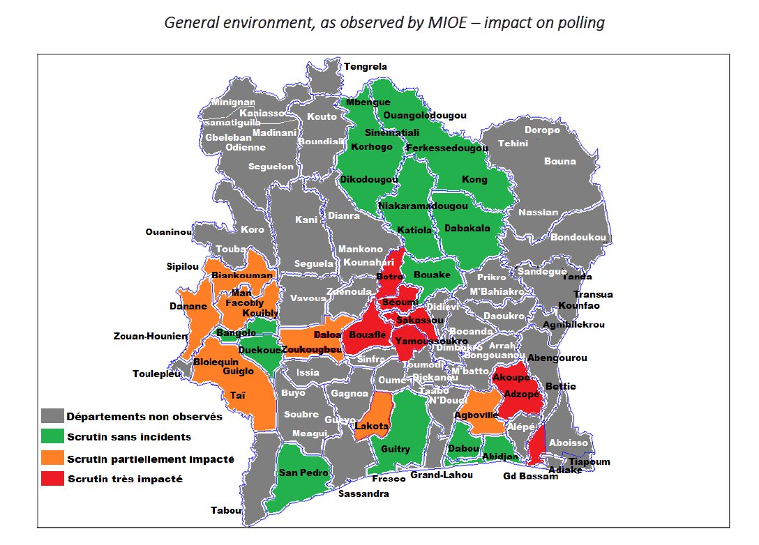 The active boycott promoted by the opposition seems to have been felt uneavenly in the country. The EISA/Carter Center EOM and journalist reports suggest that it had most impact in the centre of the country, where most followers of Bedie and his PDCI party are. 21/