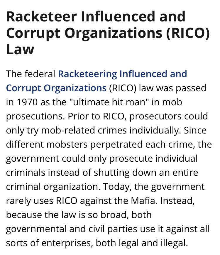 Now add all the evidence collected by NSA & MI over the last 4yrs showing collusion & corruption to try & remove a Duly Elected President and you know what you get... RICO indictments. For those of you who don’t know much about RICO law
