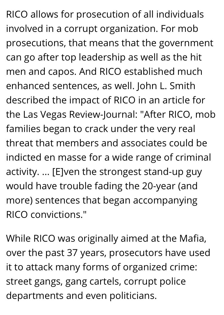 Now add all the evidence collected by NSA & MI over the last 4yrs showing collusion & corruption to try & remove a Duly Elected President and you know what you get... RICO indictments. For those of you who don’t know much about RICO law