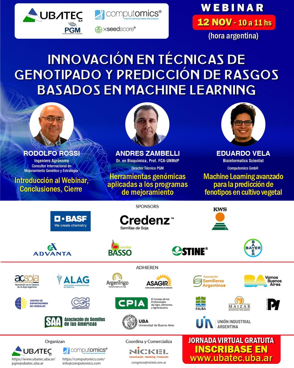 maizararg's tweet image. &quot;INNOVACIÓN EN TÉCNICAS DE #GENOTIPADO Y PREDICCIÓN DE RASGOS BASADOS EN #MACHINLEARNING&quot;

📅 12/11 - 10hs.
Organizado por @ubatec.sa y @computomics