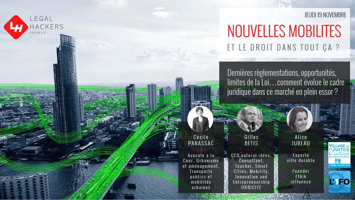 LegalParis's tweet photo. NOUVELLES MOBILITÉS ET LE DROIT DANS TOUT ÇA ? Dernières règlementations, opportunités et limites de la Loi.
>>> Panel 19/11/20 17h30 
RSVP https://t.co/2NIAo5ggke
@GillesBetis @OrbiCite
#legalhackers #SmartCity #mobilite #urbanmobility #frenchtech
@Villagejustice
@l1formaticien https://t.co/ep2WOiE3tA