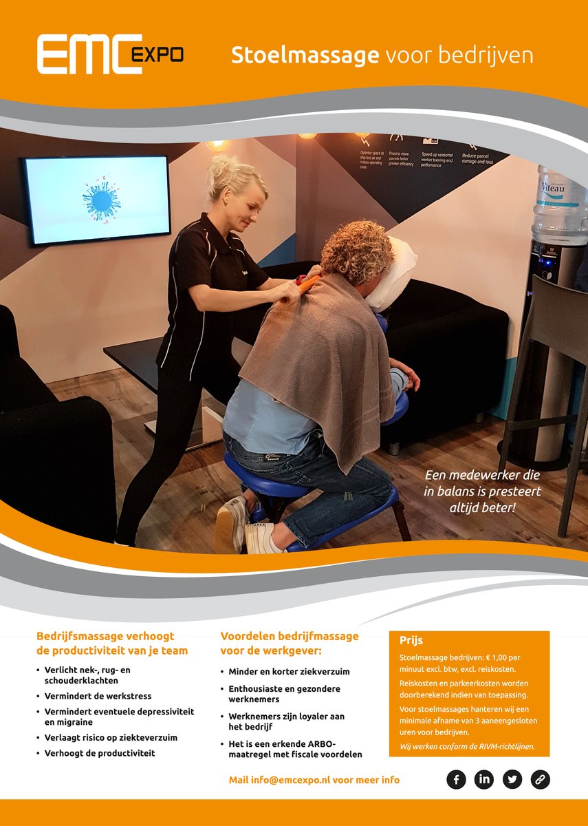 EMC_Expo's tweet photo. Verbinden en verrassen van je medewerkers? Boek een stoelmassage voor bedrijven! Mail: info@emcexpo.nl of bel ons voor een afspraak: 030 2966333
#Stoelmassage #vitaliteit #verrasjemedewerkers #EMCExpo #fiscalevoordelen #Corona #Thuiswerken https://t.co/dr8YSjenXQ