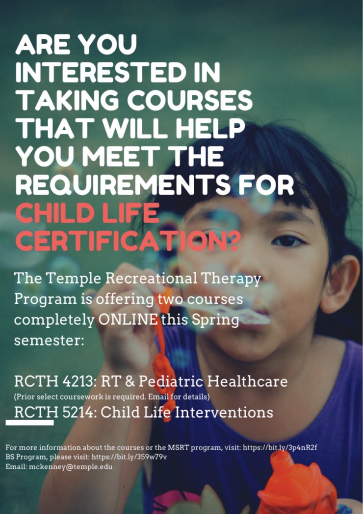 The #TempleRecTx program offers courses that can help you meet your goal of becoming a child life specialist! This semester we are offering 2 of those courses. #childlife #rectherapy #iamarectherapist