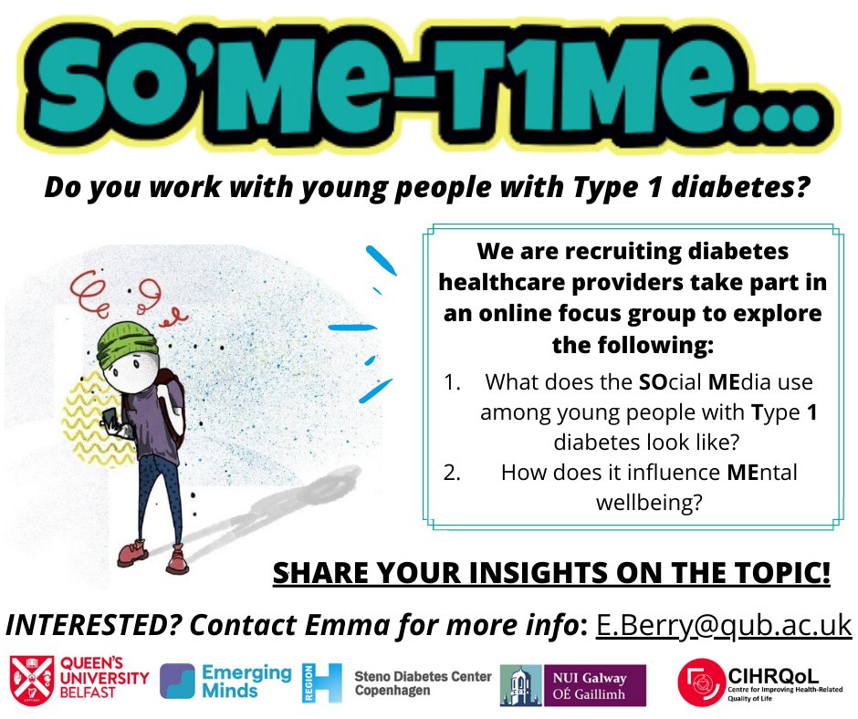 D1 Now Study (@d1nowie) on Twitter photo Are you a healthcare professional working with young people (between 13-20) living with type 1 diabetes? Researchers want to know your thoughts on #socialmedia and how its impacts on mental wellbeing. Contact Emma e.berry@qub.ac.uk if you are interested. #T1D #type1diabetes Are you a healthcare professional working with young people (between 13-20) living with type 1 diabetes? Researchers want to know your thoughts on #socialmedia and how its impacts on mental wellbeing. Contact Emma e.berry@qub.ac.uk if you are interested. #T1D #type1diabetes