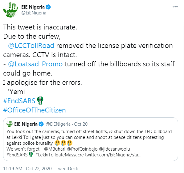 In the preparation for a deliberate SHOWDOWN against the military & the Govt agencies, 2 terrible lies were pushed to keep people at the Lekki toll gate:1. Raise FLAG as cover, military won't shoot.2. UN will take over AFTER 30 days protest.Well COORDINATED protest for CHAOS!